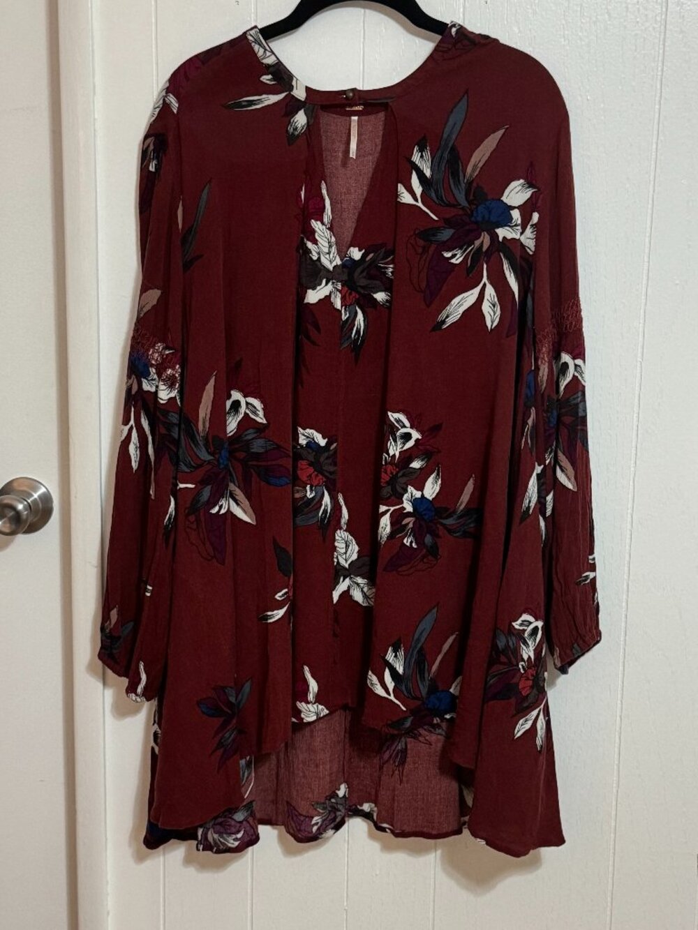 Free People Tree Swing Burgundy Floral Tunic Mini Dress Boho Keyhole Size M
